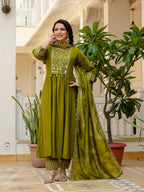 Sonakshi Women's Mehendi Viscose Roman Silk With Multi Thread Embroidered With Mirror Hand Work Anarkali Gown Set With Dupatta | Grocsy