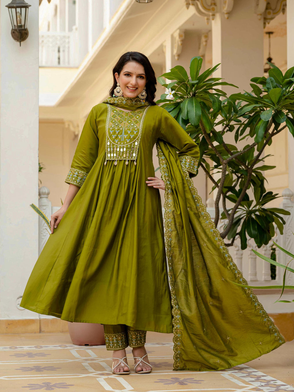 Sonakshi Women's Mehendi Viscose Roman Silk With Multi Thread Embroidered With Mirror Hand Work Anarkali Gown Set With Dupatta | Grocsy