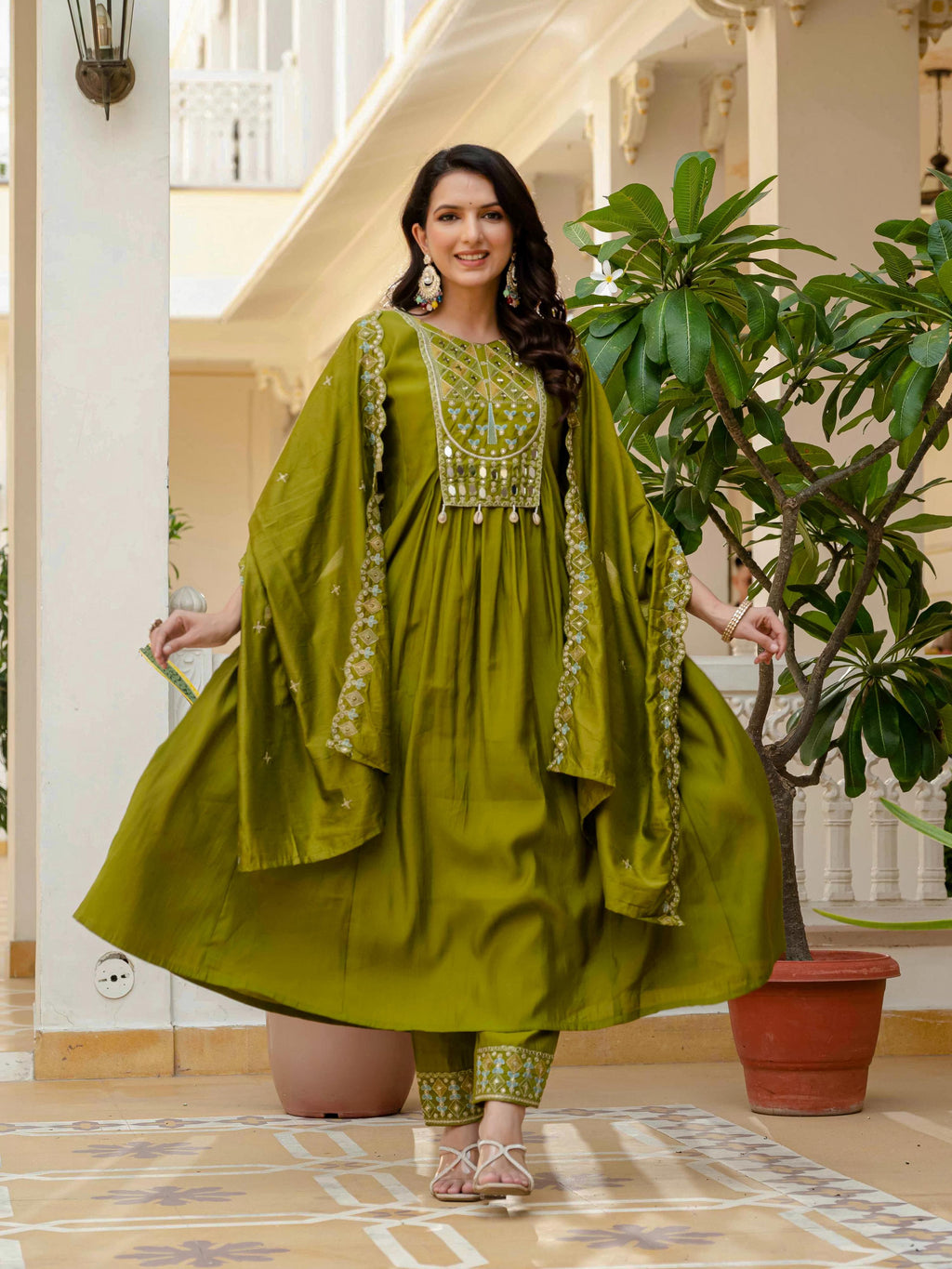 Sonakshi Women's Mehendi Viscose Roman Silk With Multi Thread Embroidered With Mirror Hand Work Anarkali Gown Set With Dupatta | Grocsy