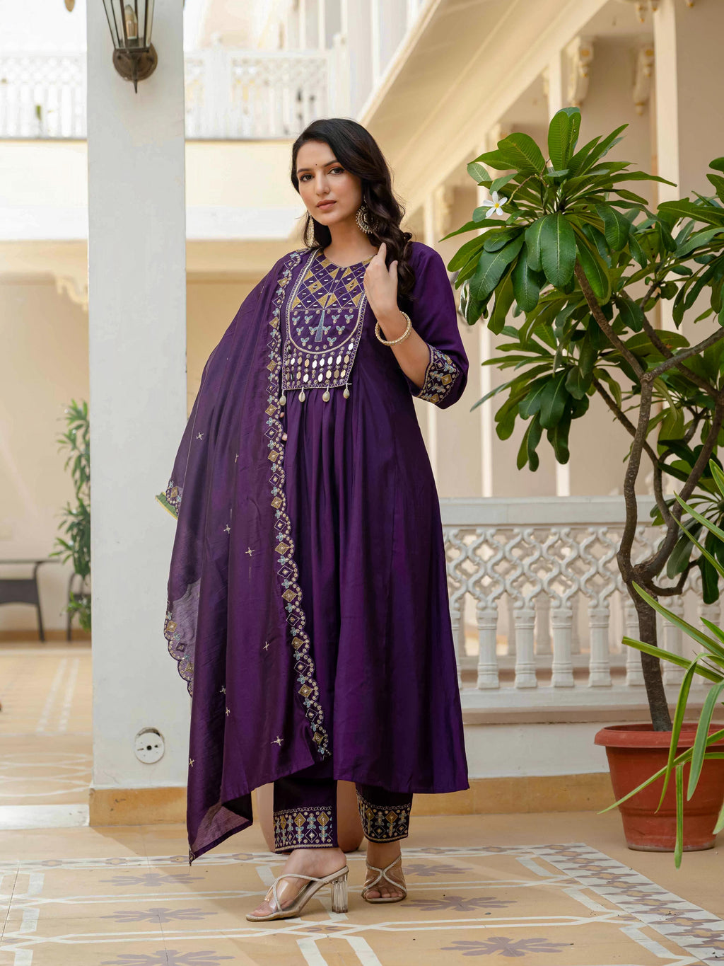 Sonakshi Women's Purple Viscose Roman Silk With Multi Thread Embroidered With Mirror Hand Work Anarkali Gown Set With Dupatta | Grocsy