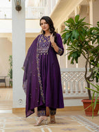 Sonakshi Women's Purple Viscose Roman Silk With Multi Thread Embroidered With Mirror Hand Work Anarkali Gown Set With Dupatta | Grocsy
