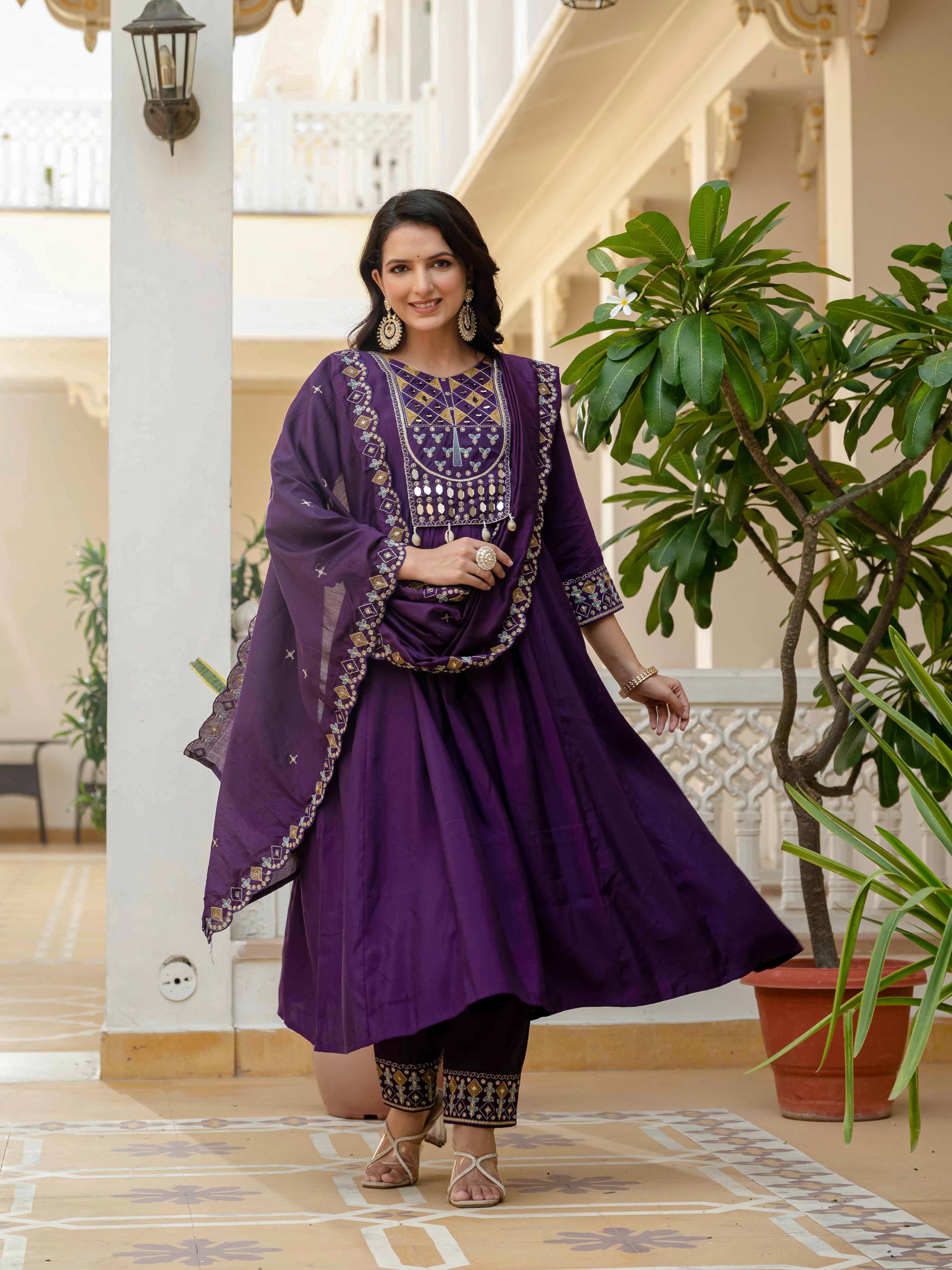 Sonakshi Women's Purple Viscose Roman Silk With Multi Thread Embroidered With Mirror Hand Work Anarkali Gown Set With Dupatta | Grocsy