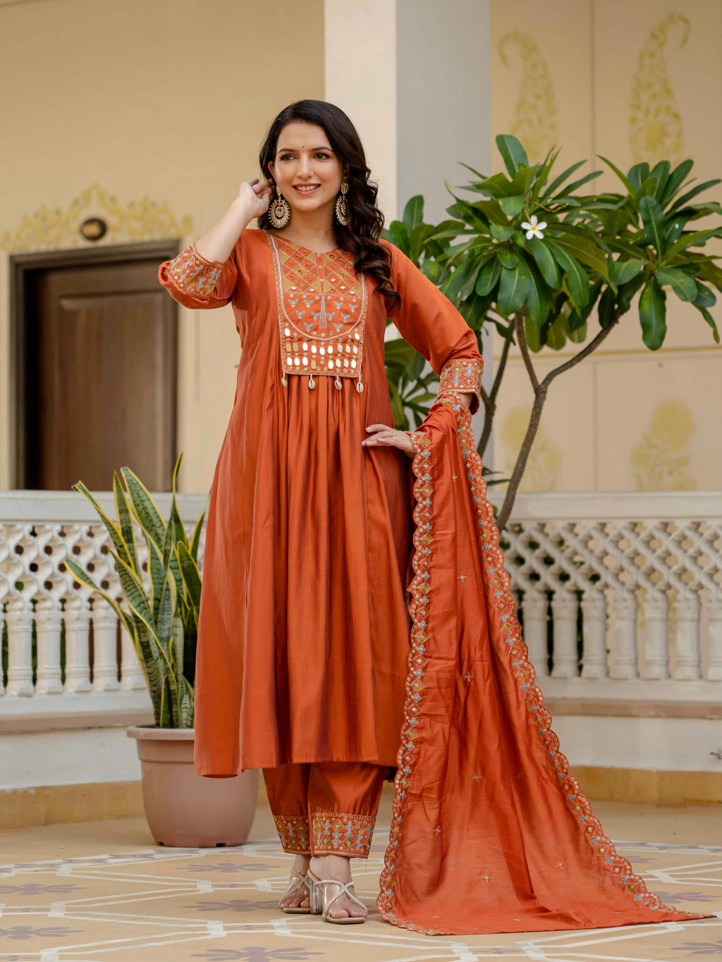 Sonakshi Women's Orrange Viscose Roman Silk With Multi Thread Embroidered With Mirror Hand Work Anarkali Gown Set With Dupatta | Grocsy