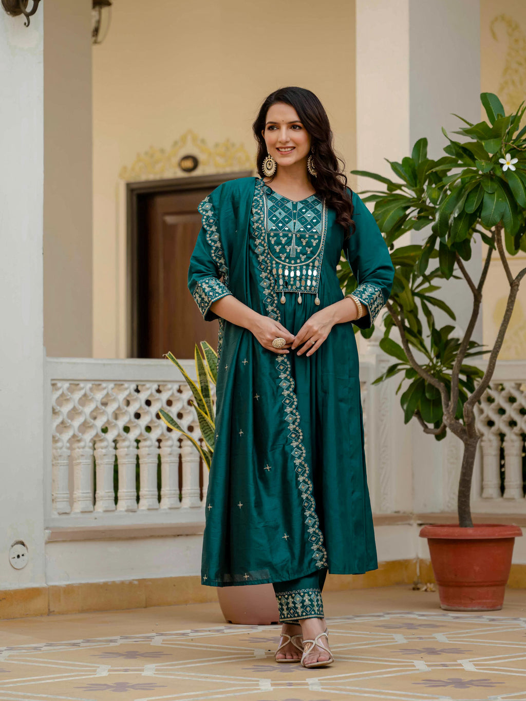 Sonakshi Women's Teal Viscose Roman Silk With Multi Thread Embroidered With Mirror Hand Work Anarkali Gown Set With Dupatta | Grocsy
