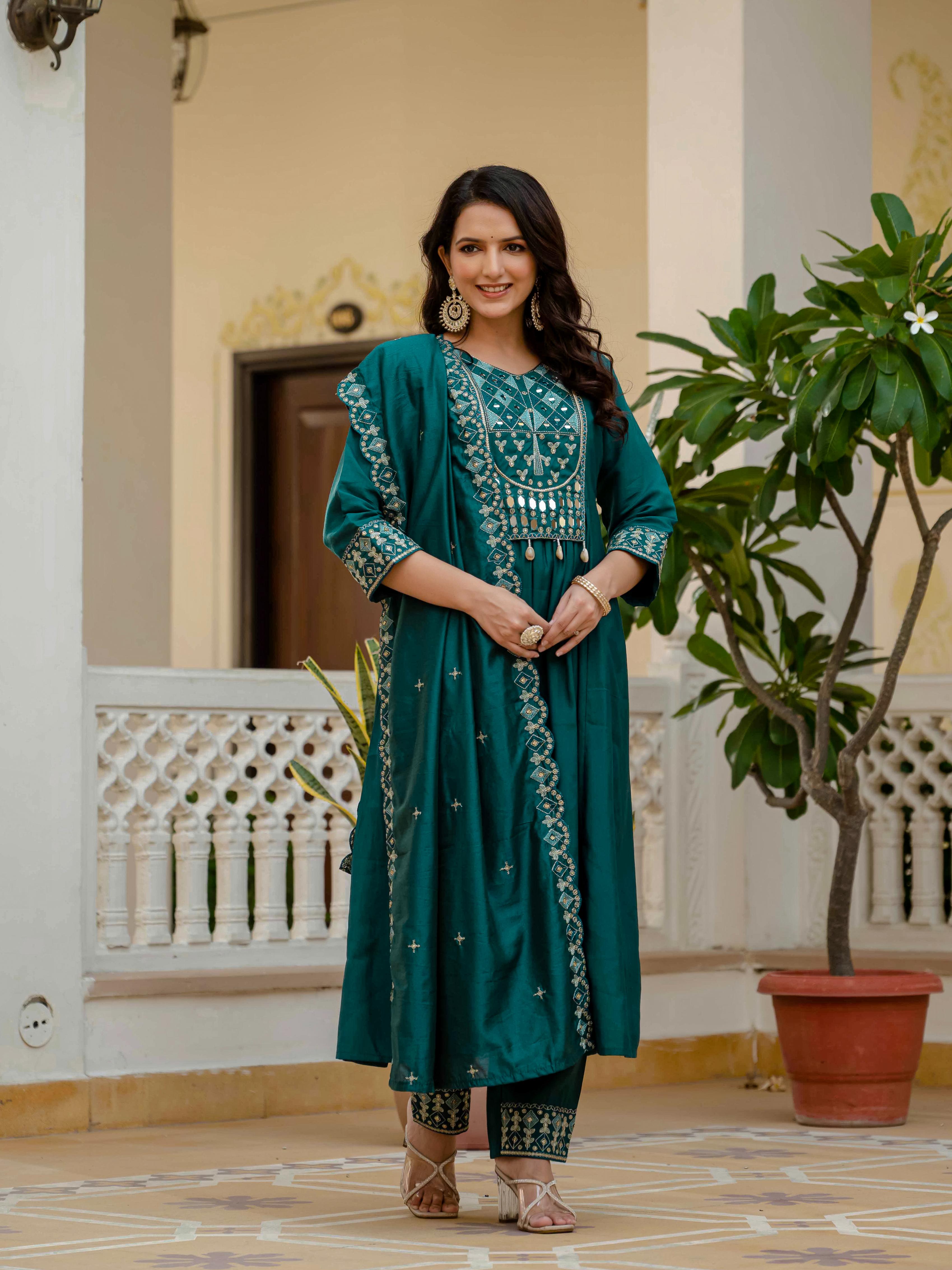 Sonakshi Women's Teal Viscose Roman Silk With Multi Thread Embroidered With Mirror Hand Work Anarkali Gown Set With Dupatta | Grocsy