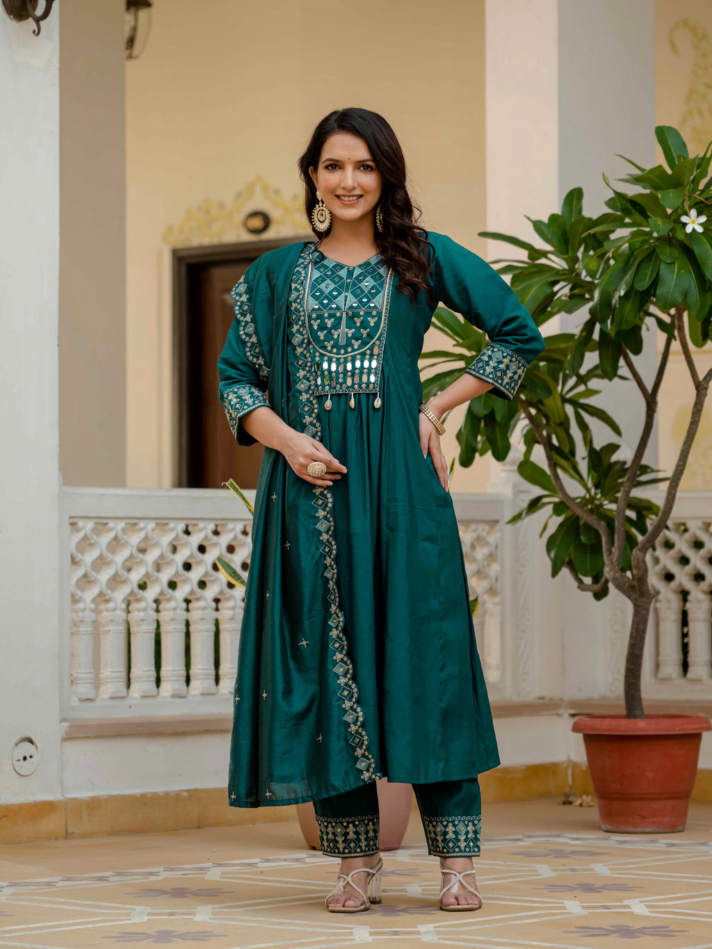 Sonakshi Women's Teal Viscose Roman Silk With Multi Thread Embroidered With Mirror Hand Work Anarkali Gown Set With Dupatta | Grocsy