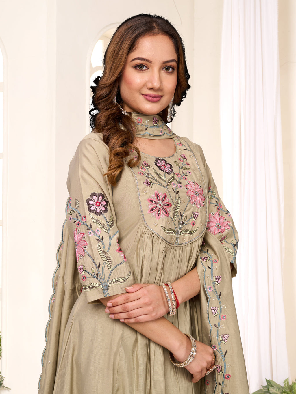 Sonakshi Women's Pista Viscose Roman Silk With Multi Thread Embroidered With Mirror Hand Work Anarkali Gown Set With Dupatta | Grocsy