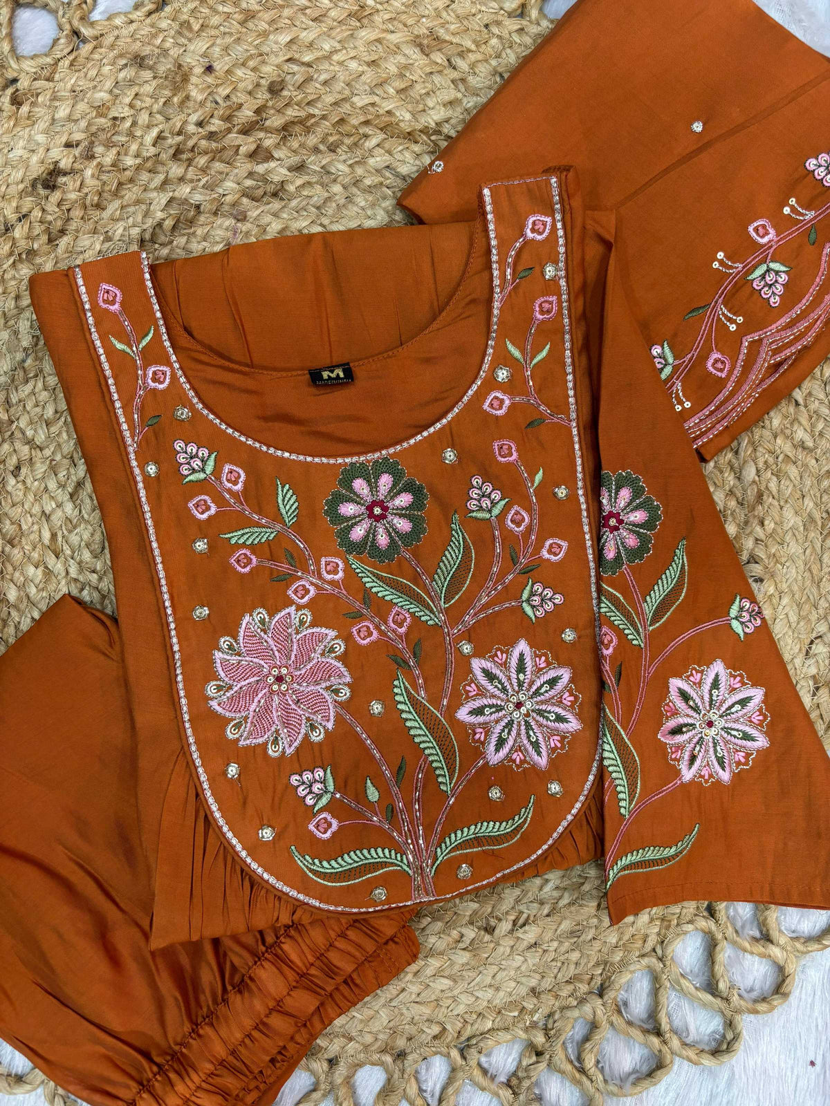 Sonakshi Women's Rust Viscose Roman Silk With Multi Thread Embroidered With Hand Work Anarkali Gown Set With Dupatta | Grocsy
