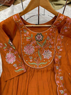 Sonakshi Women's Rust Viscose Roman Silk With Multi Thread Embroidered With Hand Work Anarkali Gown Set With Dupatta | Grocsy