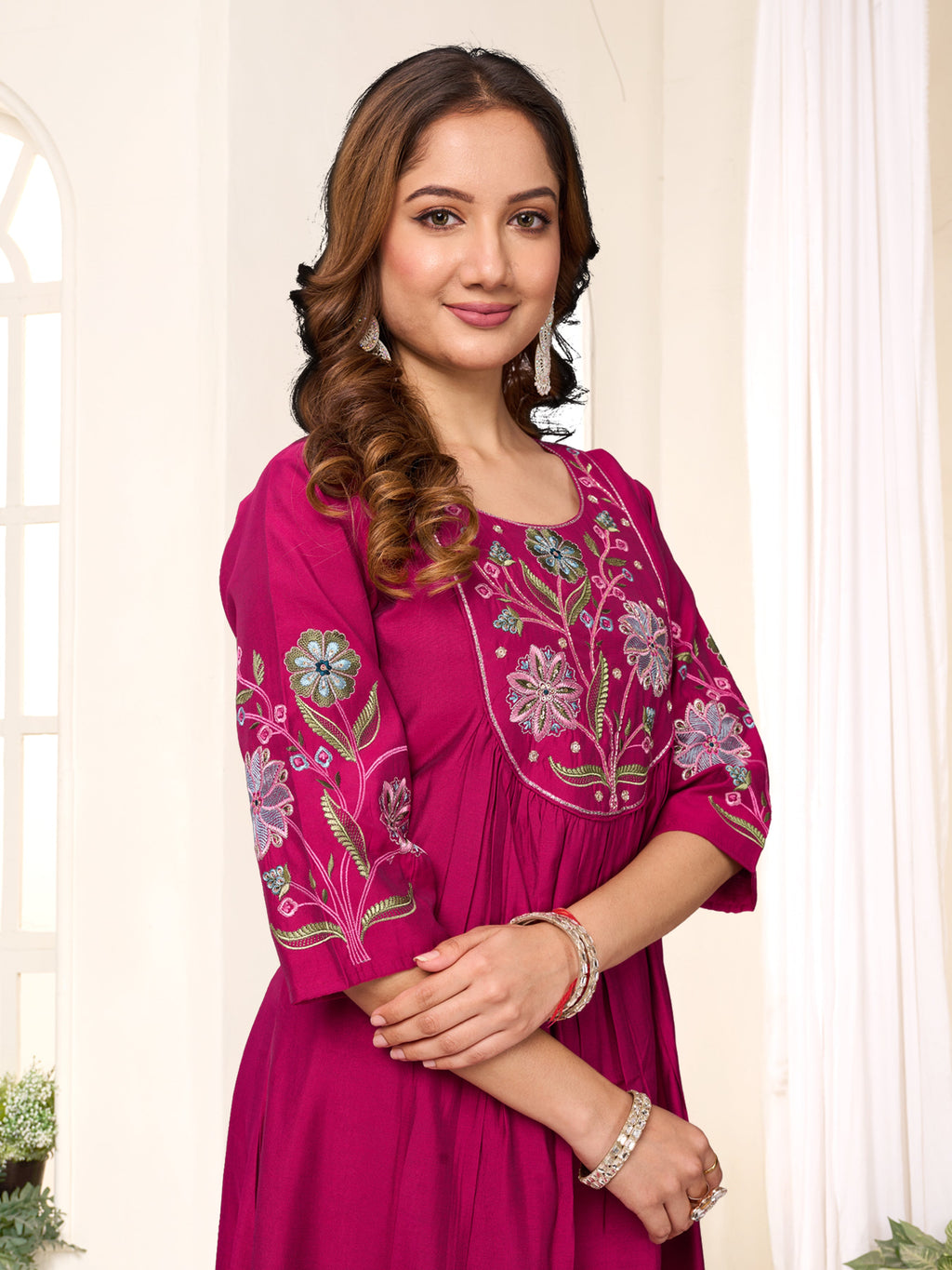 Sonakshi Women's Pink Viscose Roman Silk With Multi Thread Embroidered With Hand Work Anarkali Gown Set With Dupatta | Grocsy