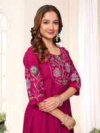 Sonakshi Women's Pink Viscose Roman Silk With Multi Thread Embroidered With Hand Work Anarkali Gown Set With Dupatta | Grocsy