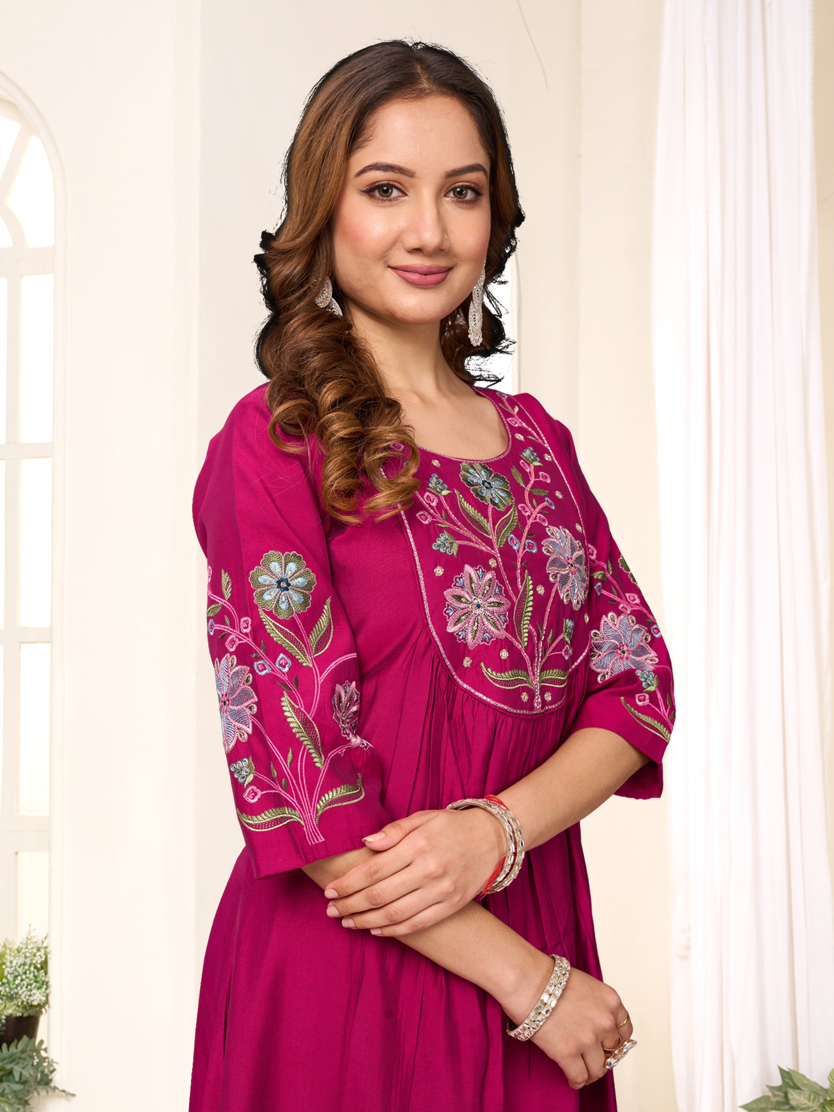Sonakshi Women's Pink Viscose Roman Silk With Multi Thread Embroidered With Hand Work Anarkali Gown Set With Dupatta | Grocsy