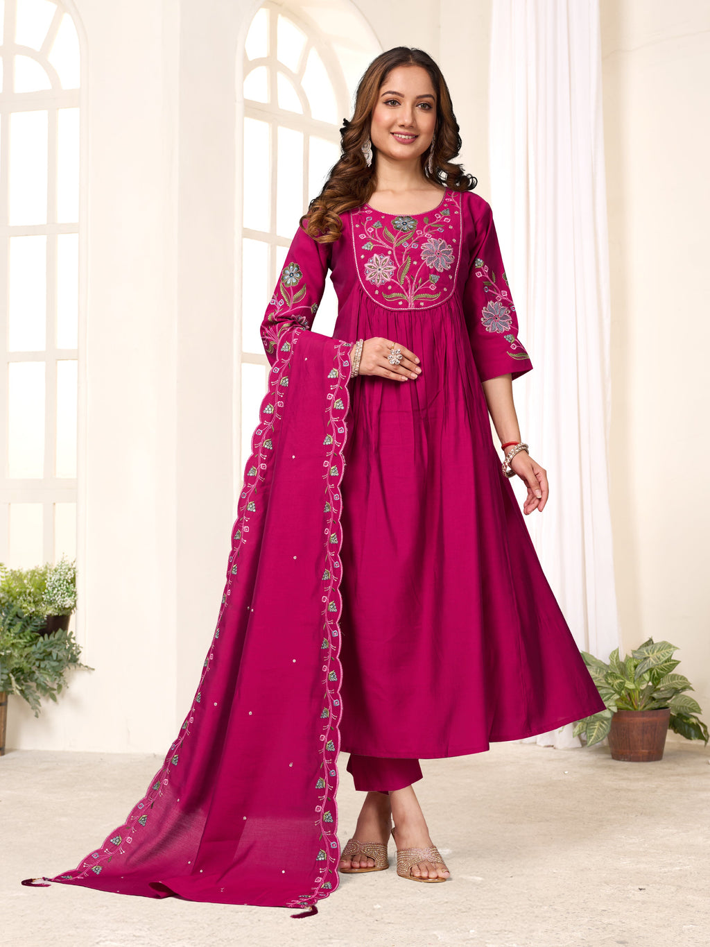 Sonakshi Women's Pink Viscose Roman Silk With Multi Thread Embroidered With Hand Work Anarkali Gown Set With Dupatta | Grocsy