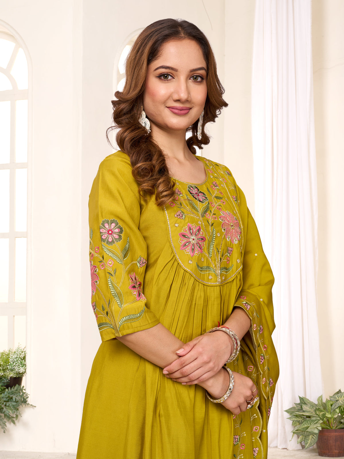 Sonakshi Women's Yellow Viscose Roman Silk With Multi Thread Embroidered With Hand Work Anarkali Gown Set With Dupatta | Grocsy
