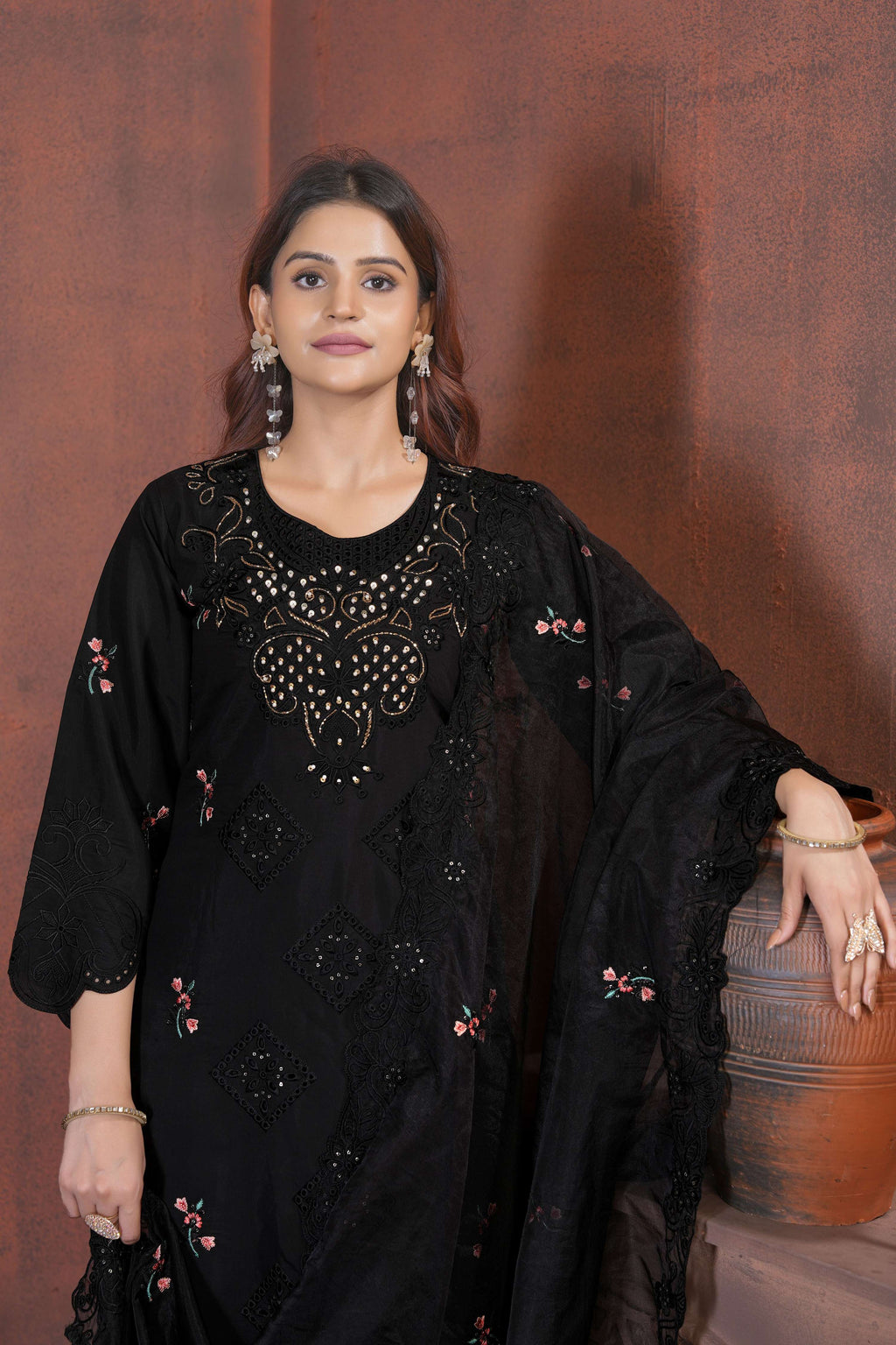 Sonakshi Women's Black Heavy Viscose Roman Boring Embroidered with Sequins & Heavy Hand work Kurta Set with Dupatta | Grocsy