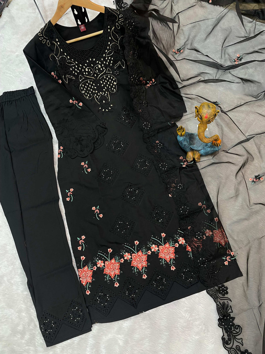 Sonakshi Women's Black Heavy Viscose Roman Boring Embroidered with Sequins & Heavy Hand work Kurta Set with Dupatta | Grocsy