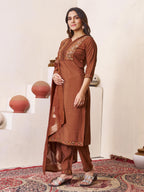 Sonakshi Women's Coffee Roman Silk Multi Embroidered Sequins With Hand Work Kurta Set with Dupatta | Grocsy