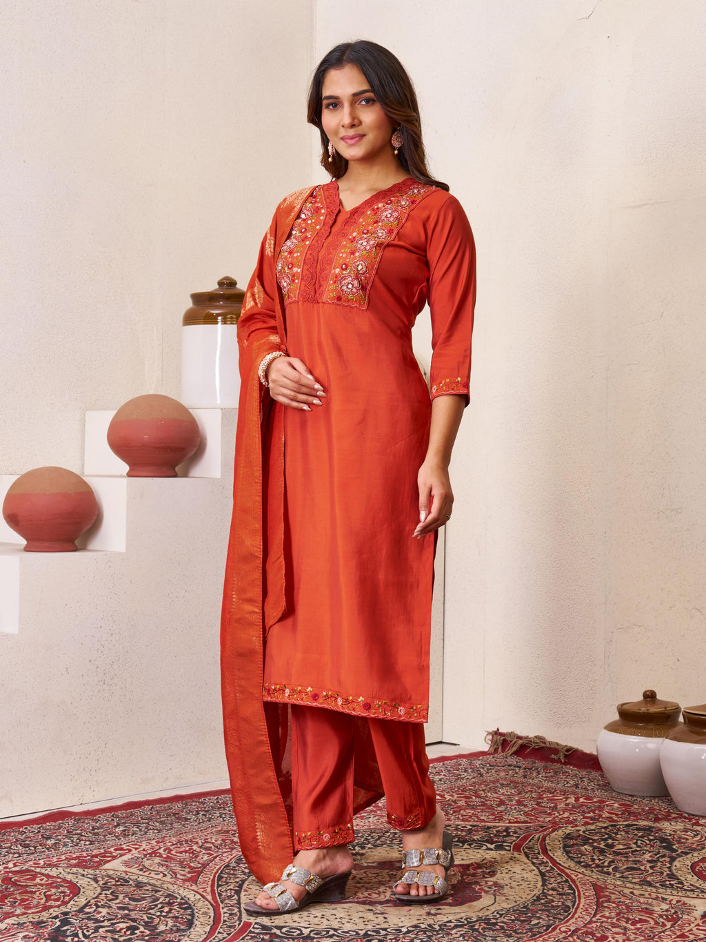 Sonakshi Women's Rust Roman Silk Multi Embroidered Sequins With Hand Work Kurta Set with Dupatta | Grocsy