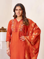 Sonakshi Women's Rust Roman Silk Multi Embroidered Sequins With Hand Work Kurta Set with Dupatta | Grocsy