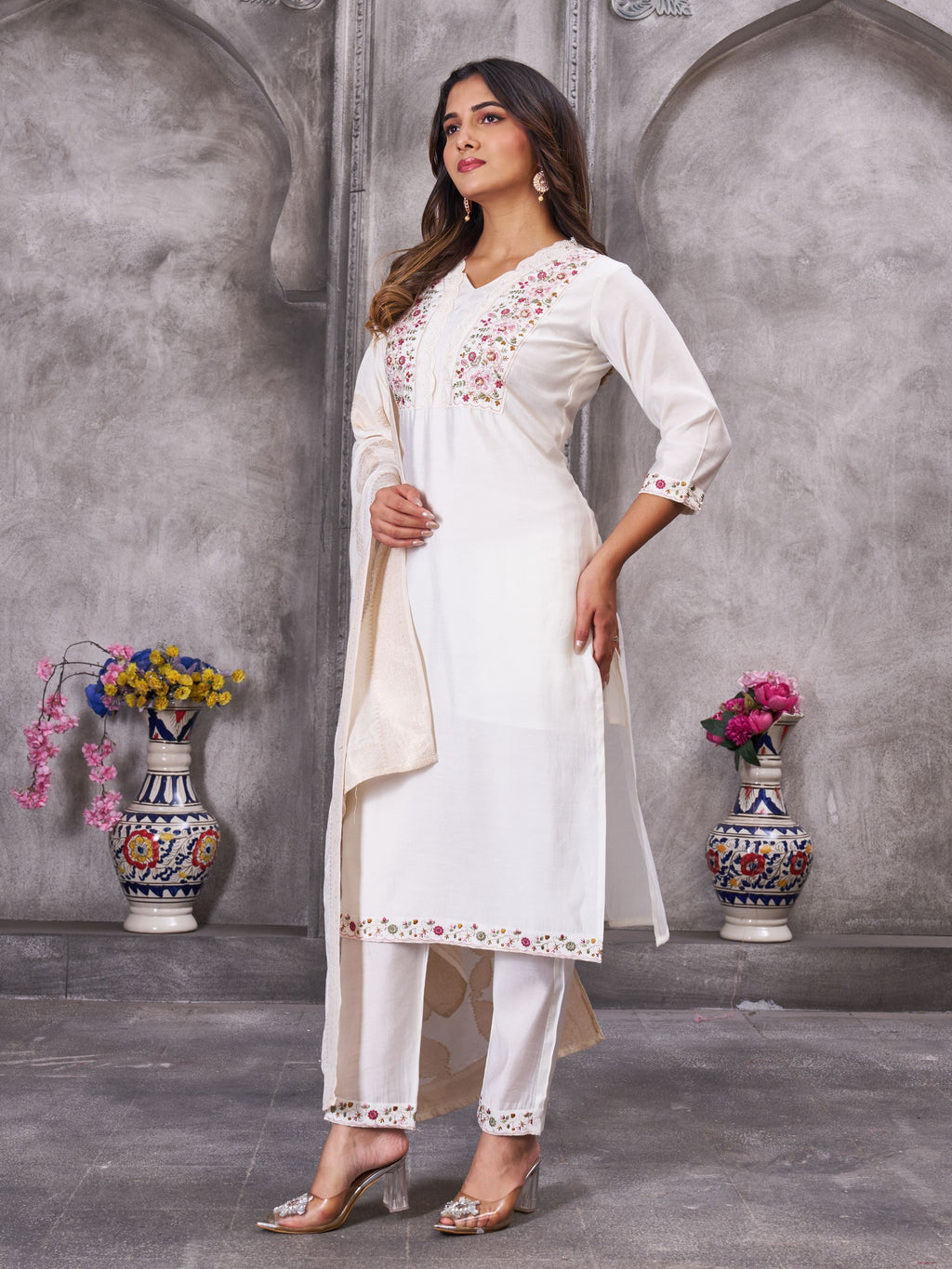 Sonakshi Women's White Roman Silk Multi Embroidered Sequins With Hand Work Kurta Set with Dupatta | Grocsy