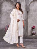 Sonakshi Women's White Roman Silk Multi Embroidered Sequins With Hand Work Kurta Set with Dupatta | Grocsy