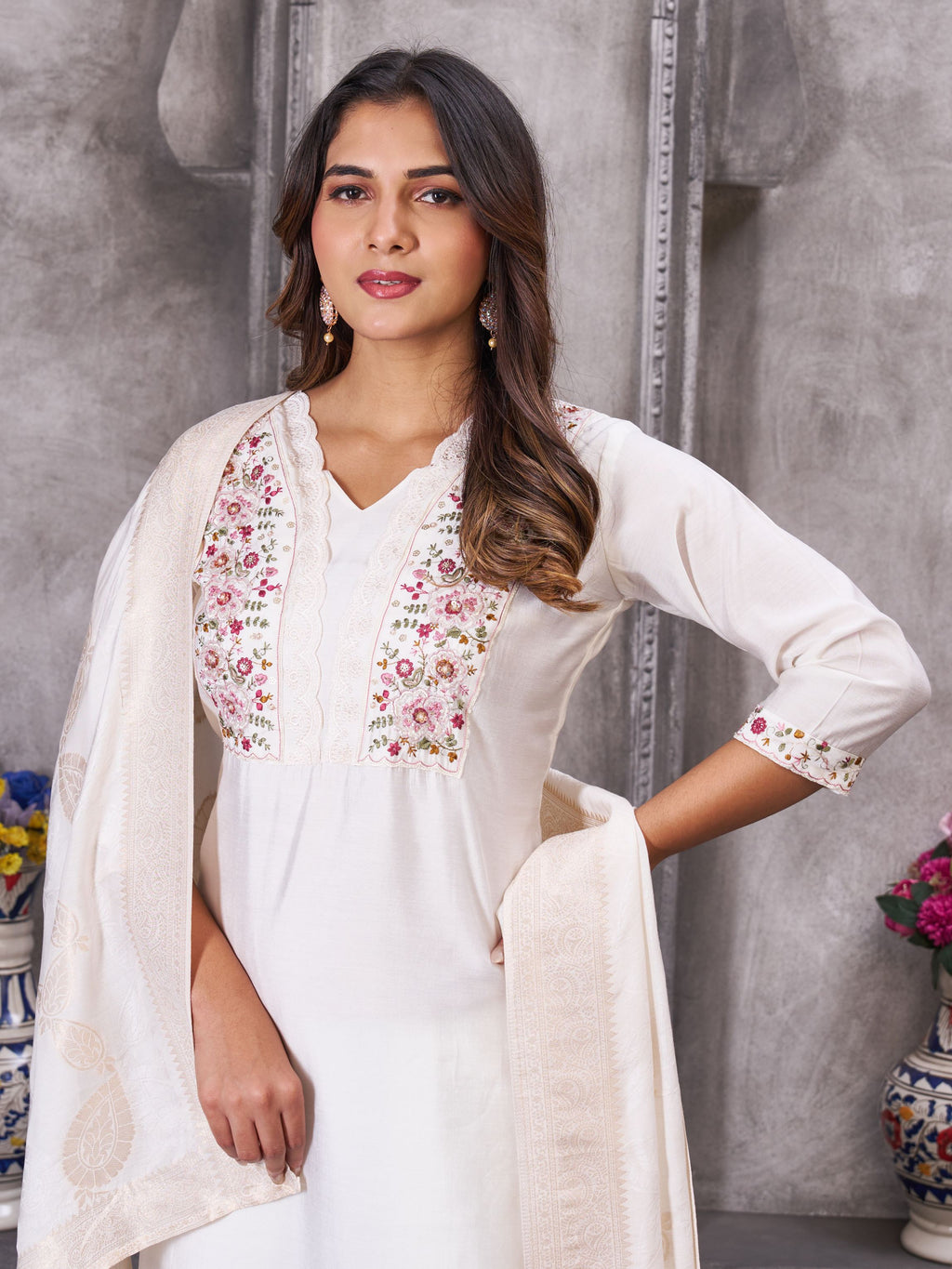 Sonakshi Women's White Roman Silk Multi Embroidered Sequins With Hand Work Kurta Set with Dupatta | Grocsy