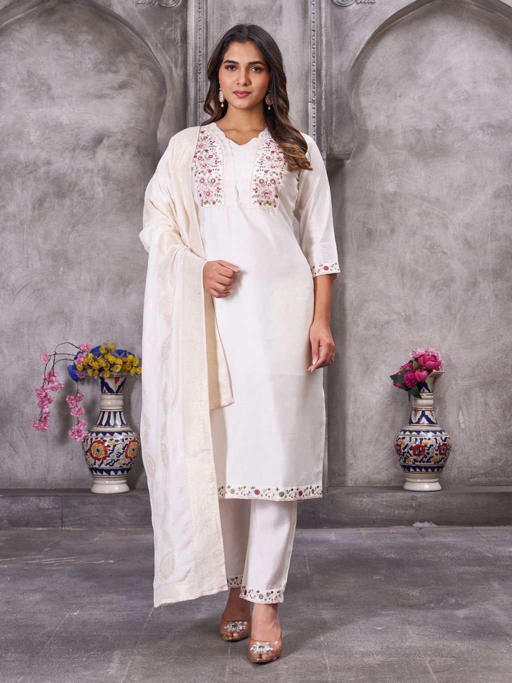 Sonakshi Women's White Roman Silk Multi Embroidered Sequins With Hand Work Kurta Set with Dupatta | Grocsy