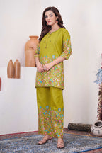 Sonakshi Women's Mehendi Cotton Printed Straight Top & Bottom Set | Grocsy