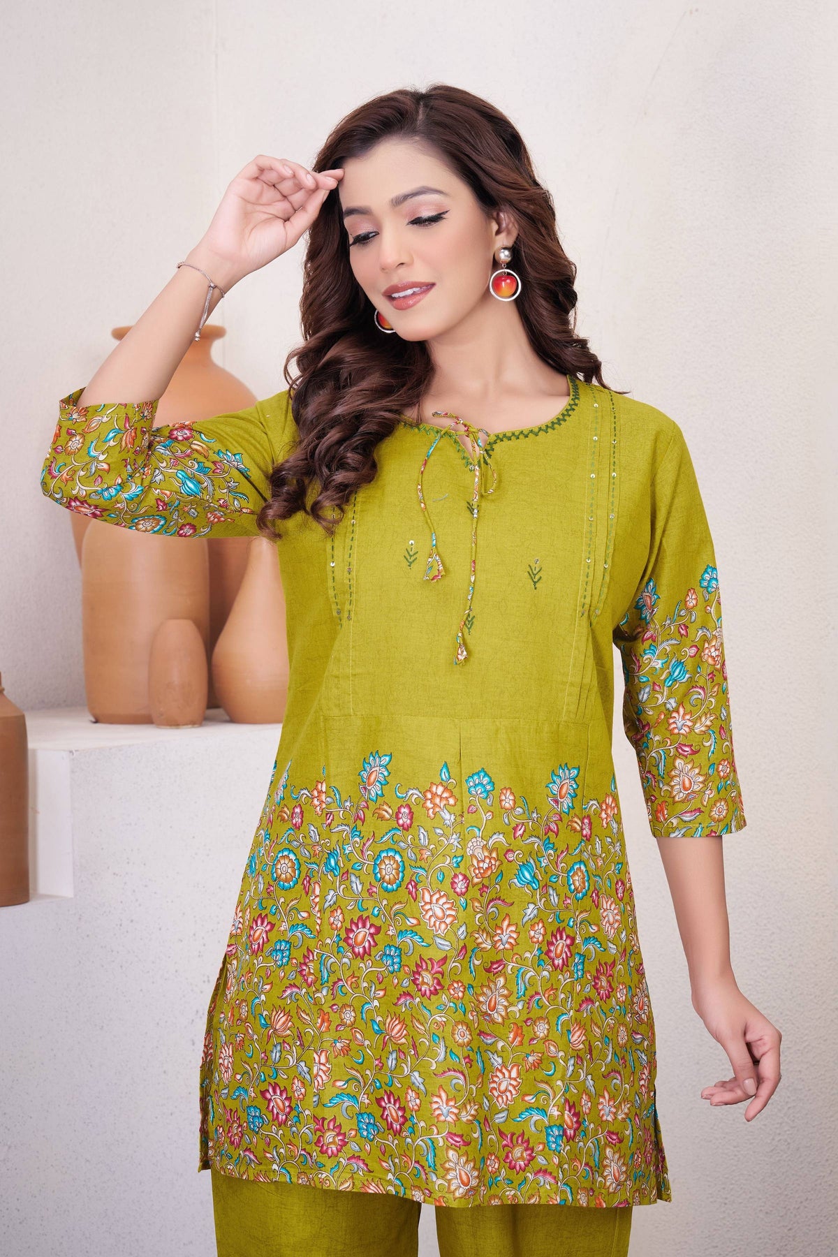 Sonakshi Women's Mehendi Cotton Printed Straight Top & Bottom Set | Grocsy