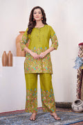 Sonakshi Women's Mehendi Cotton Printed Straight Top & Bottom Set | Grocsy