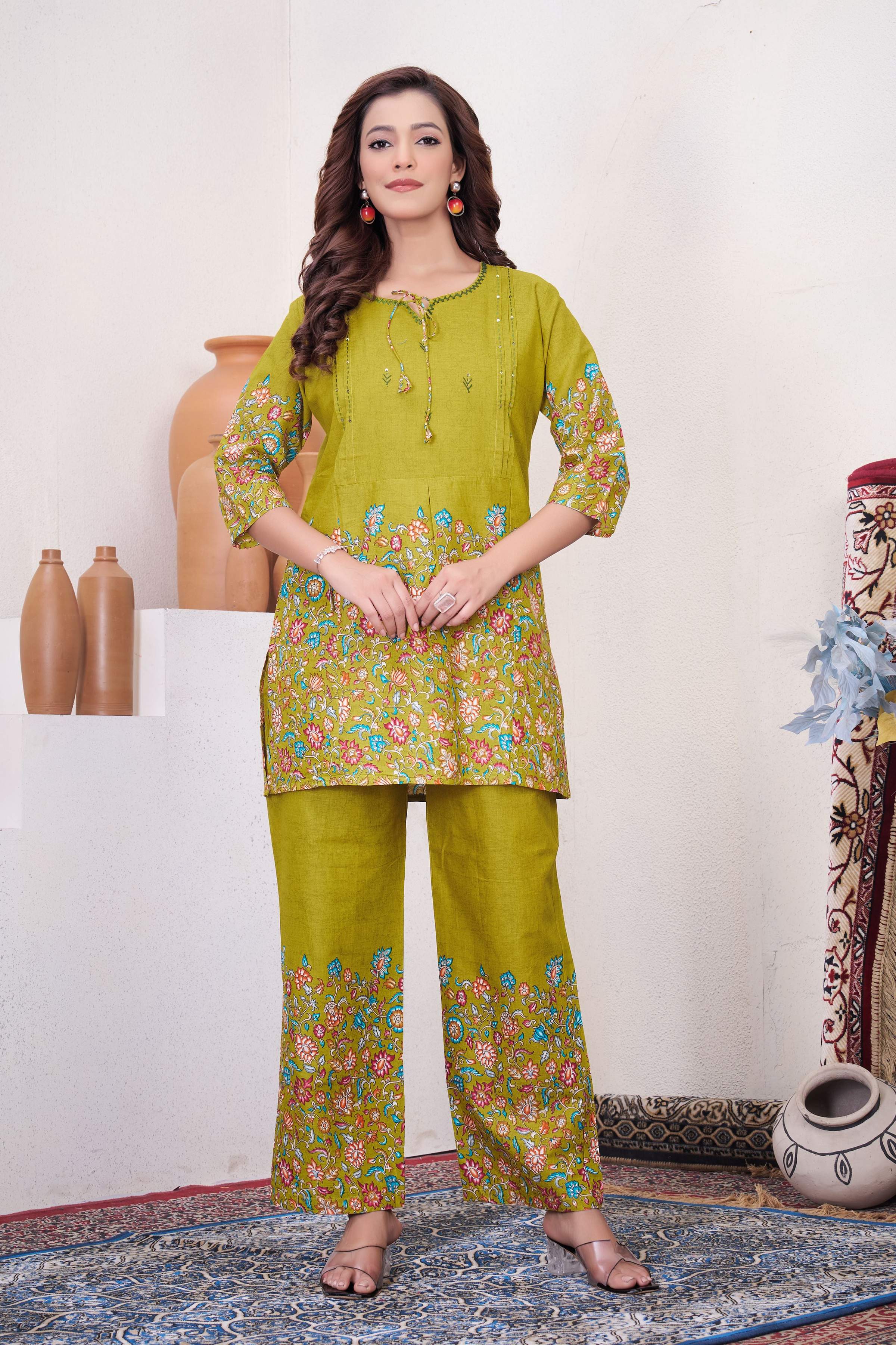 Sonakshi Women's Mehendi Cotton Printed Straight Top & Bottom Set | Grocsy