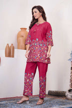 Sonakshi Women's Pink Cotton Printed Straight Top & Bottom Set | Grocsy
