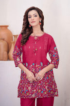 Sonakshi Women's Pink Cotton Printed Straight Top & Bottom Set | Grocsy