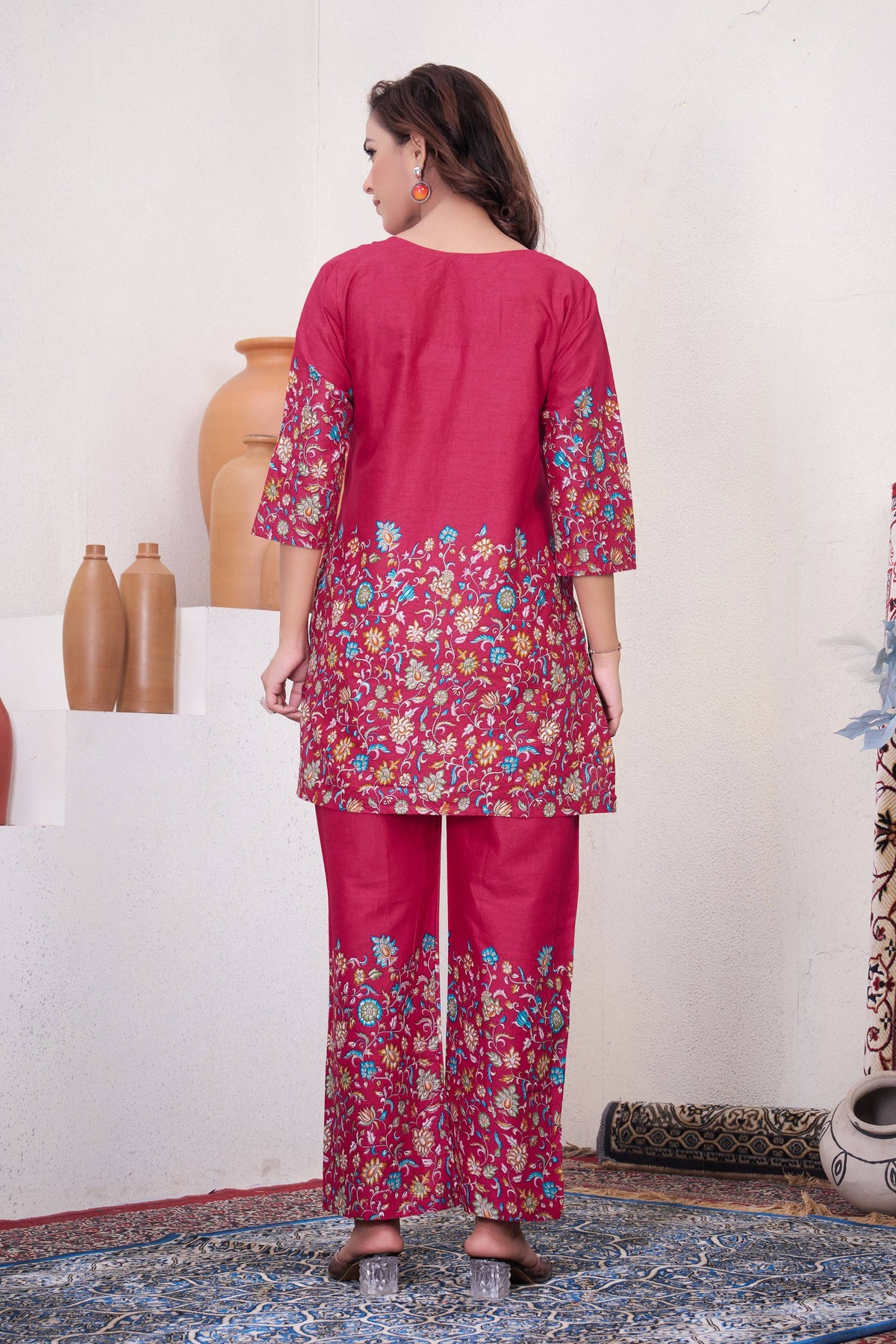 Sonakshi Women's Pink Cotton Printed Straight Top & Bottom Set | Grocsy