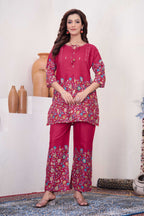 Sonakshi Women's Pink Cotton Printed Straight Top & Bottom Set | Grocsy