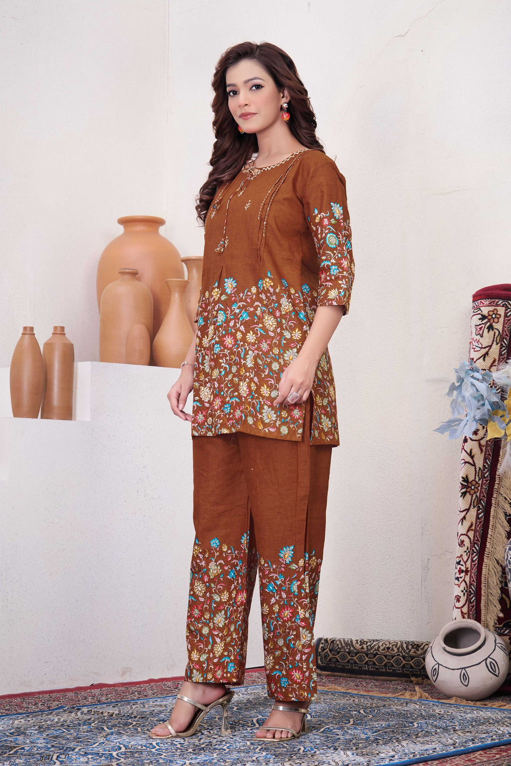 Sonakshi Women's Brown Cotton Printed Straight Top & Bottom Set | Grocsy