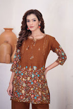 Sonakshi Women's Brown Cotton Printed Straight Top & Bottom Set | Grocsy