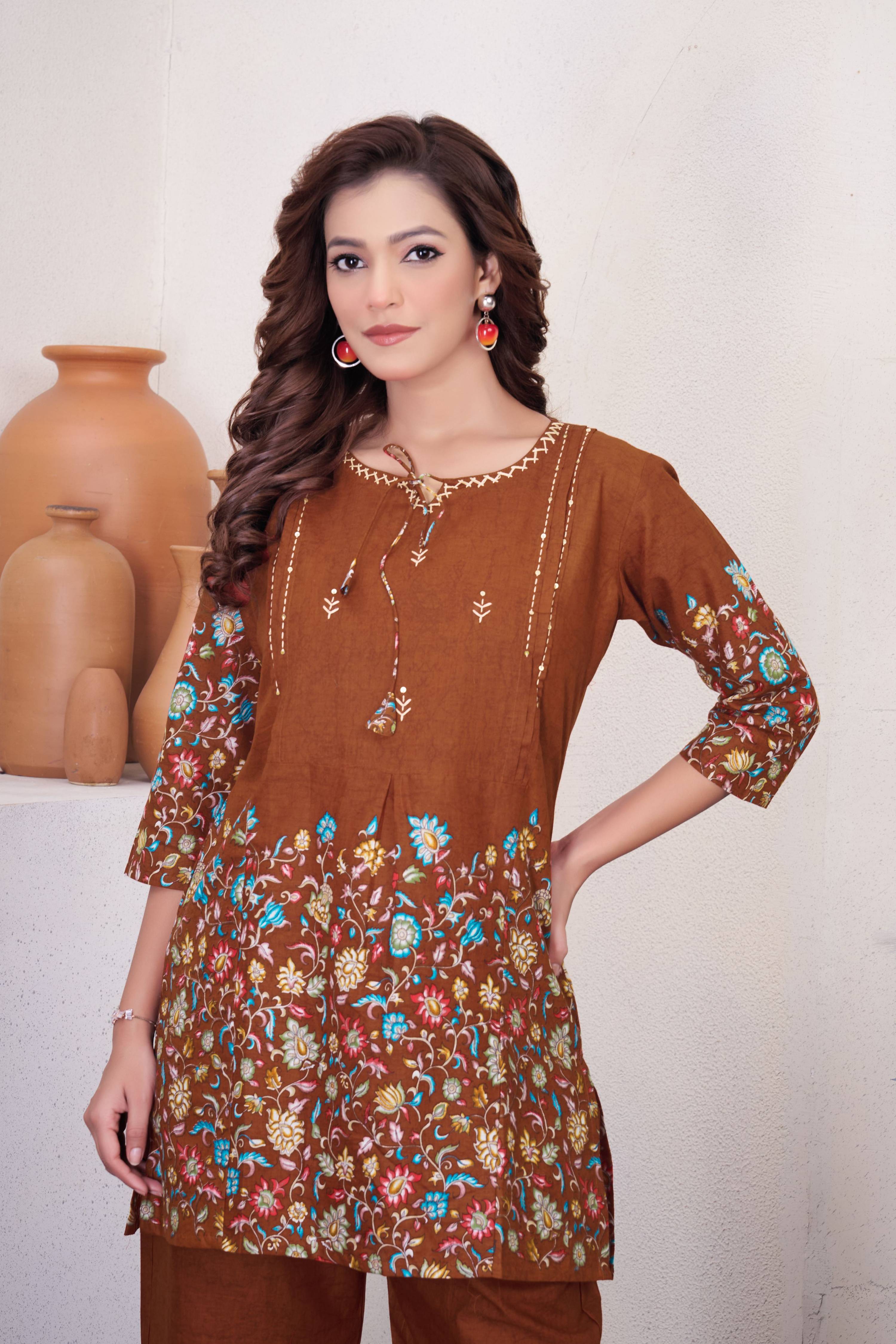 Sonakshi Women's Brown Cotton Printed Straight Top & Bottom Set | Grocsy
