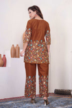 Sonakshi Women's Brown Cotton Printed Straight Top & Bottom Set | Grocsy
