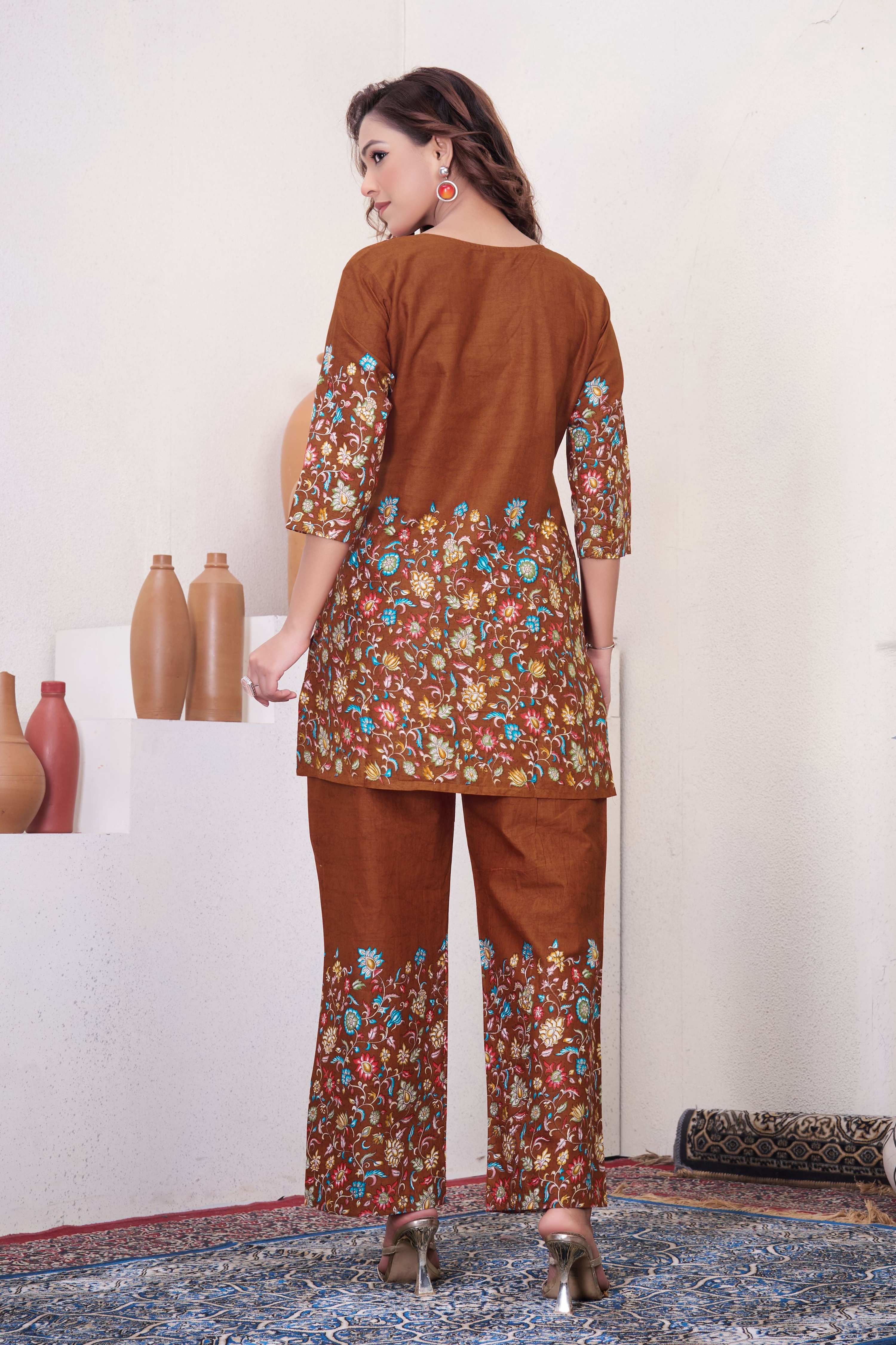 Sonakshi Women's Brown Cotton Printed Straight Top & Bottom Set | Grocsy