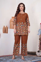 Sonakshi Women's Brown Cotton Printed Straight Top & Bottom Set | Grocsy