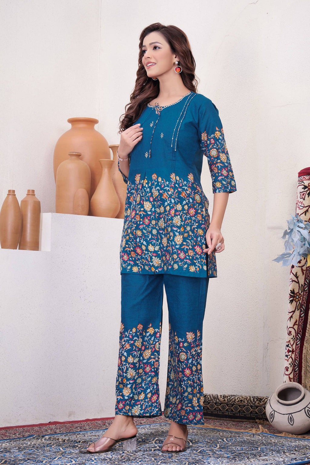 Sonakshi Women's Teal Cotton Printed Straight Top & Bottom Set | Grocsy