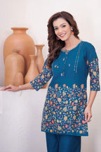 Sonakshi Women's Teal Cotton Printed Straight Top & Bottom Set | Grocsy