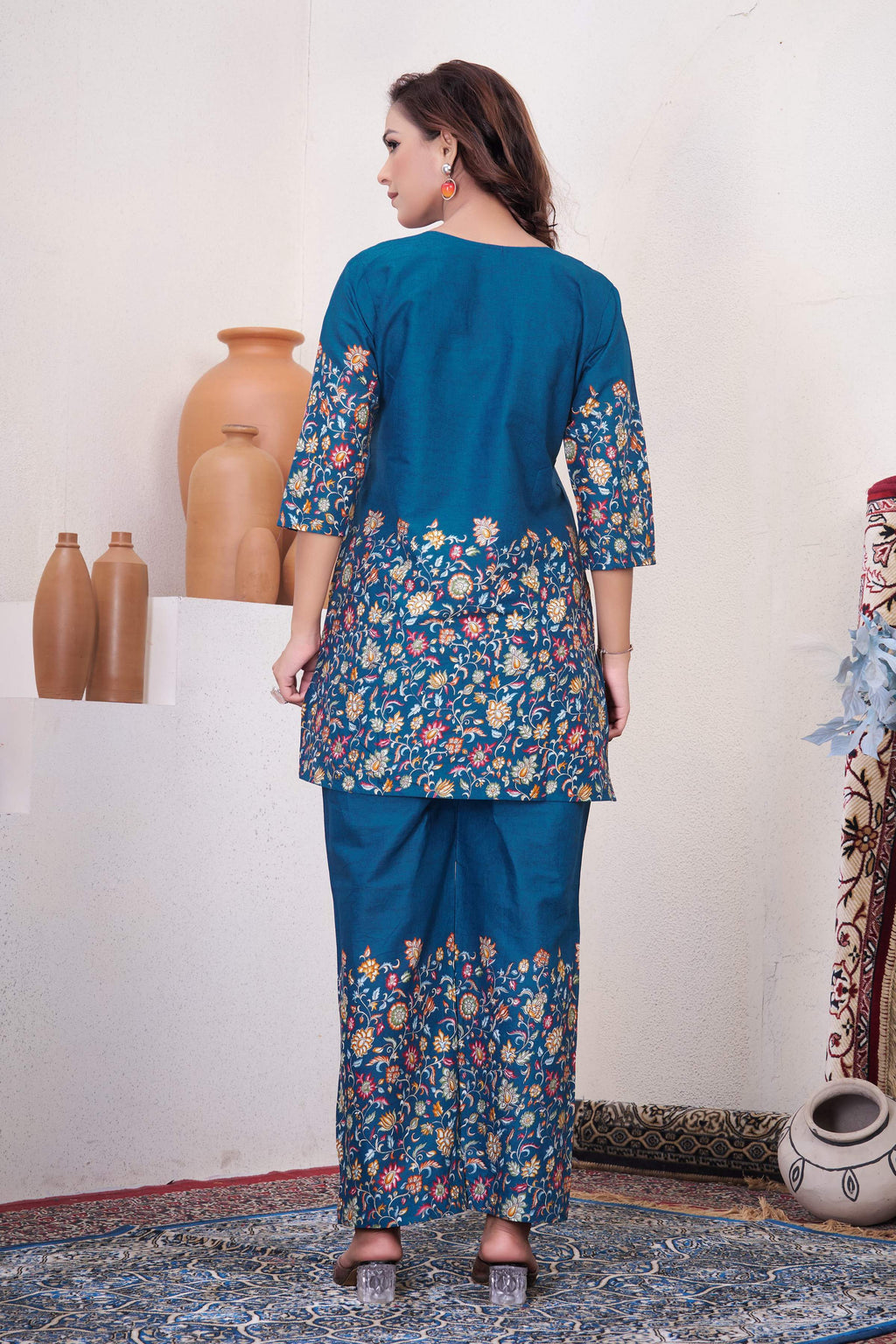Sonakshi Women's Teal Cotton Printed Straight Top & Bottom Set | Grocsy