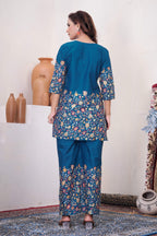 Sonakshi Women's Teal Cotton Printed Straight Top & Bottom Set | Grocsy