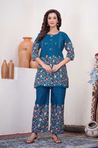 Sonakshi Women's Teal Cotton Printed Straight Top & Bottom Set | Grocsy
