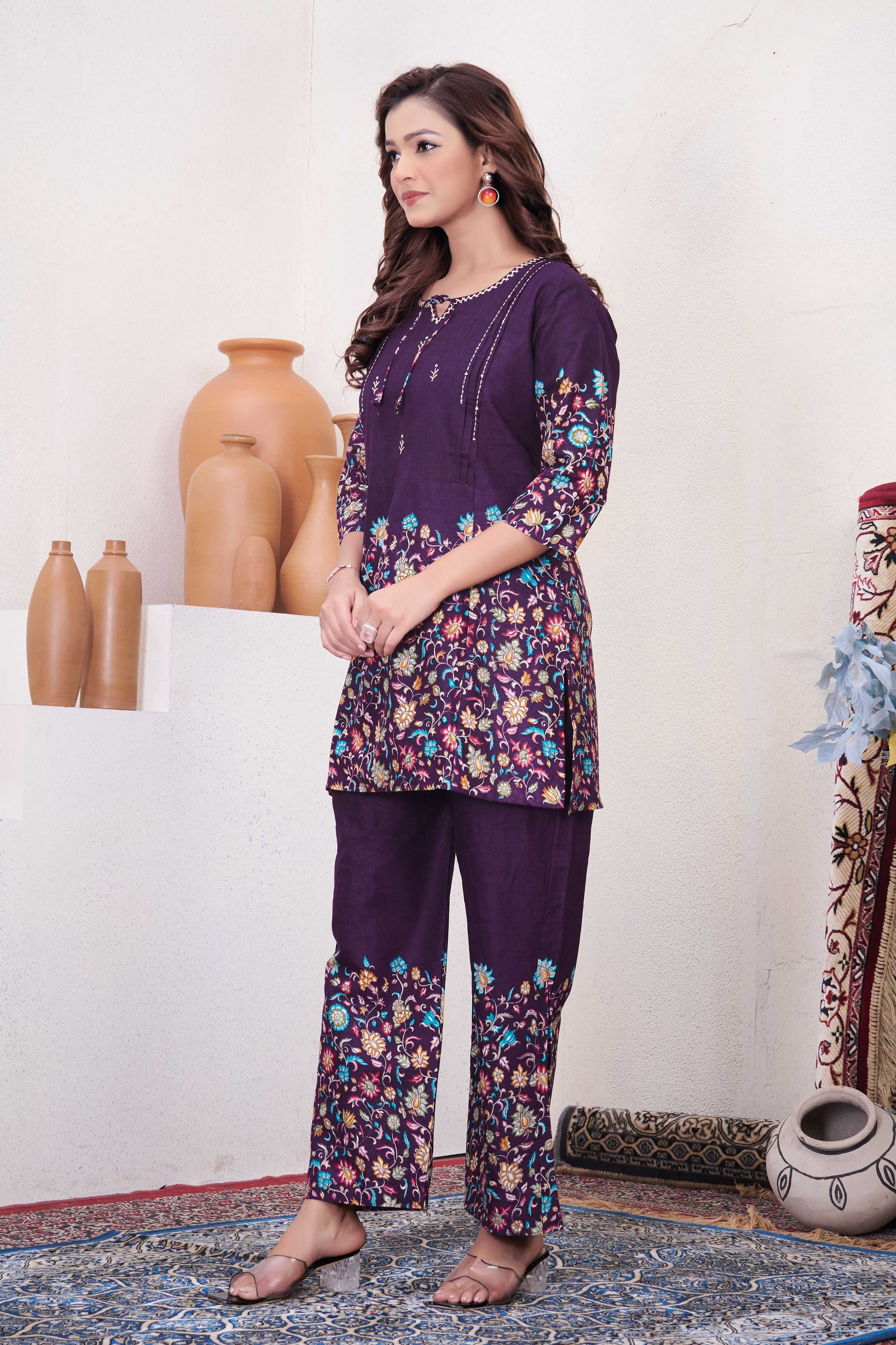 Sonakshi Women's Purple Cotton Printed Straight Top & Bottom Set | Grocsy