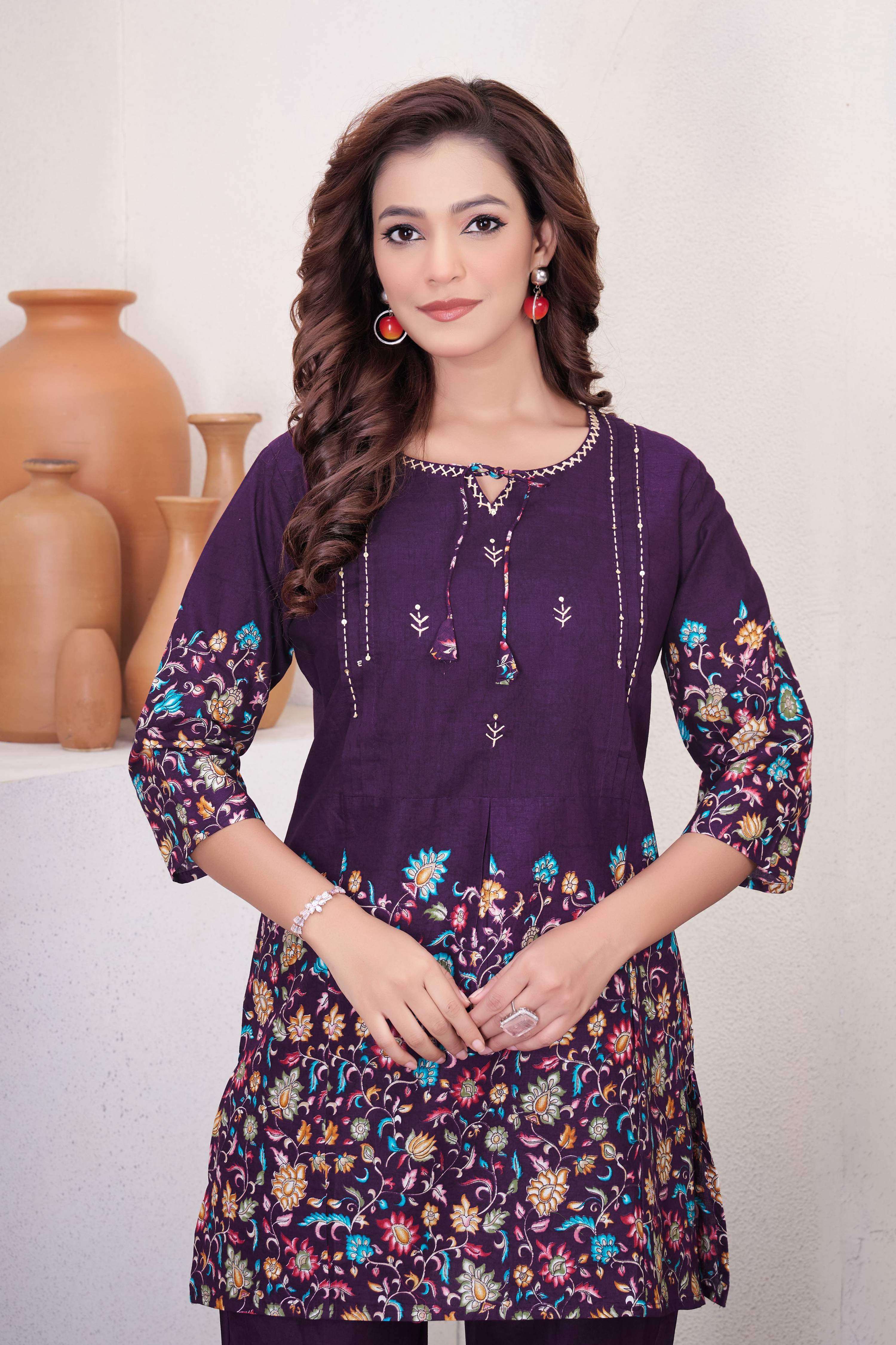 Sonakshi Women's Purple Cotton Printed Straight Top & Bottom Set | Grocsy