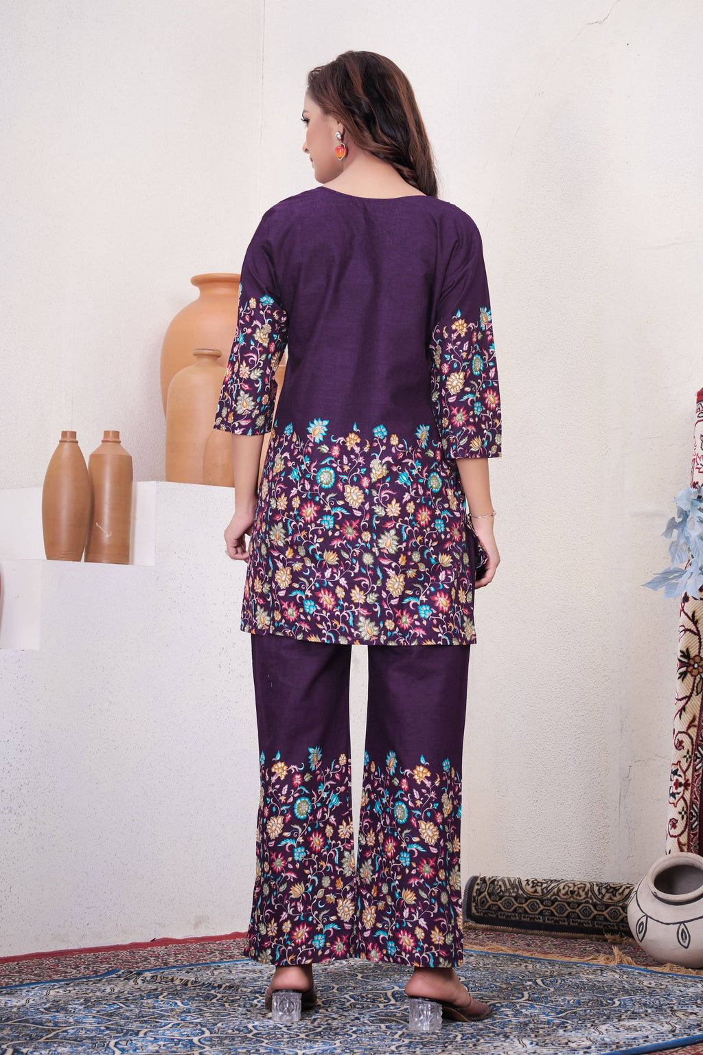 Sonakshi Women's Purple Cotton Printed Straight Top & Bottom Set | Grocsy