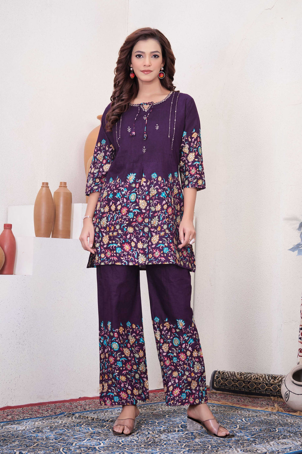 Sonakshi Women's Purple Cotton Printed Straight Top & Bottom Set | Grocsy